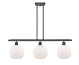516-3I-OB-G121-8 3-Light 36" Oil Rubbed Bronze Island Light - Cased Matte White Athens Glass - LED Bulb - Dimmensions: 36 x 8 x 11<br>Minimum Height : 20.375<br>Maximum Height : 44.375 - Sloped Ceiling Compatible: Yes