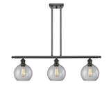 516-3I-OB-G122-8 3-Light 36" Oil Rubbed Bronze Island Light - Clear Athens Glass - LED Bulb - Dimmensions: 36 x 8 x 11<br>Minimum Height : 20.375<br>Maximum Height : 44.375 - Sloped Ceiling Compatible: Yes