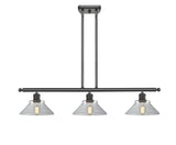516-3I-OB-G132 3-Light 36" Oil Rubbed Bronze Island Light - Clear Orwell Glass - LED Bulb - Dimmensions: 36 x 9 x 9<br>Minimum Height : 17.375<br>Maximum Height : 41.375 - Sloped Ceiling Compatible: Yes