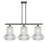 516-3I-OB-G212 3-Light 36" Oil Rubbed Bronze Island Light - Clear Spiral Fluted Springwater Glass - LED Bulb - Dimmensions: 36 x 12 x 16<br>Minimum Height : 25.375<br>Maximum Height : 49.375 - Sloped Ceiling Compatible: Yes