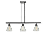 516-3I-OB-G275 3-Light 36" Oil Rubbed Bronze Island Light - Clear Crackle Conesus Glass - LED Bulb - Dimmensions: 36 x 6 x 11<br>Minimum Height : 20.375<br>Maximum Height : 44.375 - Sloped Ceiling Compatible: Yes