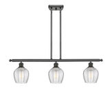 516-3I-OB-G462-6 3-Light 36" Oil Rubbed Bronze Island Light - Clear Norfolk Glass - LED Bulb - Dimmensions: 36 x 5.75 x 10<br>Minimum Height : 20.375<br>Maximum Height : 44.375 - Sloped Ceiling Compatible: Yes
