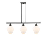 516-3I-OB-G651-8 3-Light 36" Oil Rubbed Bronze Island Light - Cased Matte White Cindyrella 8" Glass - LED Bulb - Dimmensions: 36 x 8 x 10.5<br>Minimum Height : 19.5<br>Maximum Height : 43.5 - Sloped Ceiling Compatible: Yes