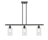516-3I-OB-G802 3-Light 36" Oil Rubbed Bronze Island Light - Clear Clymer Glass - LED Bulb - Dimmensions: 36 x 3.875 x 12<br>Minimum Height : 21.375<br>Maximum Height : 45.375 - Sloped Ceiling Compatible: Yes