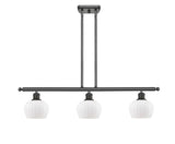 516-3I-OB-G91 3-Light 36" Oil Rubbed Bronze Island Light - Matte White Fenton Glass - LED Bulb - Dimmensions: 36 x 6.5 x 9<br>Minimum Height : 17.875<br>Maximum Height : 41.875 - Sloped Ceiling Compatible: Yes