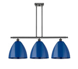 516-3I-OB-MBD-12-BL 3-Light 38.5" Oil Rubbed Bronze Island Light - Blue Plymouth Dome Shade - LED Bulb - Dimmensions: 38.5 x 10.125 x 14.25<br>Minimum Height : 23.25<br>Maximum Height : 47.25 - Sloped Ceiling Compatible: Yes