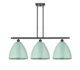 516-3I-OB-MBD-12-SF 3-Light 38.5" Oil Rubbed Bronze Island Light - Seafoam Plymouth Dome Shade - LED Bulb - Dimmensions: 38.5 x 10.125 x 14.25<br>Minimum Height : 23.25<br>Maximum Height : 47.25 - Sloped Ceiling Compatible: Yes