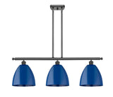 516-3I-OB-MBD-9-BL 3-Light 36" Oil Rubbed Bronze Island Light - Blue Plymouth Dome Shade - LED Bulb - Dimmensions: 36 x 9 x 12.375<br>Minimum Height : 21.375<br>Maximum Height : 45.375 - Sloped Ceiling Compatible: Yes