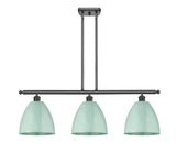 516-3I-OB-MBD-9-SF 3-Light 36" Oil Rubbed Bronze Island Light - Seafoam Plymouth Dome Shade - LED Bulb - Dimmensions: 36 x 9 x 12.375<br>Minimum Height : 21.375<br>Maximum Height : 45.375 - Sloped Ceiling Compatible: Yes