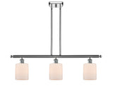 516-3I-PC-G111 3-Light 36" Polished Chrome Island Light - Matte White Cobbleskill Glass - LED Bulb - Dimmensions: 36 x 5 x 10<br>Minimum Height : 19.375<br>Maximum Height : 43.375 - Sloped Ceiling Compatible: Yes