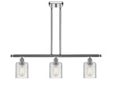 516-3I-PC-G112 3-Light 36" Polished Chrome Island Light - Clear Cobbleskill Glass - LED Bulb - Dimmensions: 36 x 5 x 10<br>Minimum Height : 19.375<br>Maximum Height : 43.375 - Sloped Ceiling Compatible: Yes