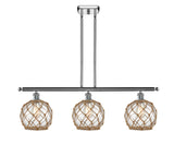 516-3I-PC-G122-8RB 3-Light 36" Polished Chrome Island Light - Clear Farmhouse Glass with Brown Rope Glass - LED Bulb - Dimmensions: 36 x 8 x 11<br>Minimum Height : 20.375<br>Maximum Height : 44.375 - Sloped Ceiling Compatible: Yes