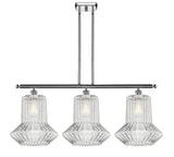 516-3I-PC-G212 3-Light 36" Polished Chrome Island Light - Clear Spiral Fluted Springwater Glass - LED Bulb - Dimmensions: 36 x 12 x 16<br>Minimum Height : 25.375<br>Maximum Height : 49.375 - Sloped Ceiling Compatible: Yes