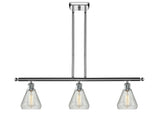 516-3I-PC-G275 3-Light 36" Polished Chrome Island Light - Clear Crackle Conesus Glass - LED Bulb - Dimmensions: 36 x 6 x 11<br>Minimum Height : 20.375<br>Maximum Height : 44.375 - Sloped Ceiling Compatible: Yes
