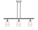 516-3I-PC-G342 3-Light 36" Polished Chrome Island Light - Clear Hadley Glass - LED Bulb - Dimmensions: 36 x 5 x 10<br>Minimum Height : 19.375<br>Maximum Height : 43.375 - Sloped Ceiling Compatible: Yes