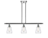 516-3I-PC-G392 3-Light 36" Polished Chrome Island Light - Clear Ellery Glass - LED Bulb - Dimmensions: 36 x 5 x 10<br>Minimum Height : 19.375<br>Maximum Height : 43.375 - Sloped Ceiling Compatible: Yes