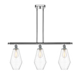 516-3I-PC-G652-7 3-Light 36" Polished Chrome Island Light - Clear Cindyrella 7" Glass - LED Bulb - Dimmensions: 36 x 7 x 14<br>Minimum Height : 23<br>Maximum Height : 47 - Sloped Ceiling Compatible: Yes
