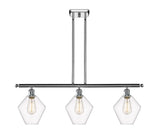 516-3I-PC-G652-8 3-Light 36" Polished Chrome Island Light - Clear Cindyrella 8" Glass - LED Bulb - Dimmensions: 36 x 8 x 10.5<br>Minimum Height : 19.5<br>Maximum Height : 43.5 - Sloped Ceiling Compatible: Yes