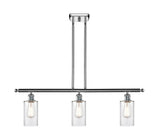 516-3I-PC-G802 3-Light 36" Polished Chrome Island Light - Clear Clymer Glass - LED Bulb - Dimmensions: 36 x 3.875 x 12<br>Minimum Height : 21.375<br>Maximum Height : 45.375 - Sloped Ceiling Compatible: Yes
