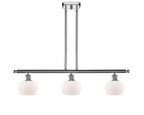 516-3I-PC-G91 3-Light 36" Polished Chrome Island Light - Matte White Fenton Glass - LED Bulb - Dimmensions: 36 x 6.5 x 9<br>Minimum Height : 17.875<br>Maximum Height : 41.875 - Sloped Ceiling Compatible: Yes