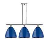 516-3I-PC-MBD-12-BL 3-Light 38.5" Polished Chrome Island Light - Blue Plymouth Dome Shade - LED Bulb - Dimmensions: 38.5 x 10.125 x 14.25<br>Minimum Height : 23.25<br>Maximum Height : 47.25 - Sloped Ceiling Compatible: Yes