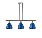 516-3I-PC-MBD-75-BL 3-Light 36" Polished Chrome Island Light - Blue Plymouth Dome Shade - LED Bulb - Dimmensions: 36 x 7.5 x 10.75<br>Minimum Height : 19.75<br>Maximum Height : 43.75 - Sloped Ceiling Compatible: Yes