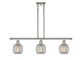516-3I-PN-G105 3-Light 36" Polished Nickel Island Light - Clear Crackle Belfast Glass - LED Bulb - Dimmensions: 36 x 6 x 10<br>Minimum Height : 19.375<br>Maximum Height : 43.375 - Sloped Ceiling Compatible: Yes