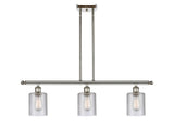 516-3I-PN-G112 3-Light 36" Polished Nickel Island Light - Clear Cobbleskill Glass - LED Bulb - Dimmensions: 36 x 5 x 10<br>Minimum Height : 19.375<br>Maximum Height : 43.375 - Sloped Ceiling Compatible: Yes