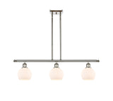 516-3I-PN-G121-6 3-Light 36" Polished Nickel Island Light - Cased Matte White Athens Glass - LED Bulb - Dimmensions: 36 x 6 x 9.375<br>Minimum Height : 18.375<br>Maximum Height : 42.375 - Sloped Ceiling Compatible: Yes
