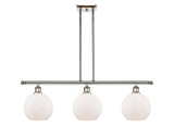 516-3I-PN-G121-8 3-Light 36" Polished Nickel Island Light - Cased Matte White Athens Glass - LED Bulb - Dimmensions: 36 x 8 x 11<br>Minimum Height : 20.375<br>Maximum Height : 44.375 - Sloped Ceiling Compatible: Yes