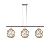 516-3I-PN-G122-8RB 3-Light 36" Polished Nickel Island Light - Clear Farmhouse Glass with Brown Rope Glass - LED Bulb - Dimmensions: 36 x 8 x 11<br>Minimum Height : 20.375<br>Maximum Height : 44.375 - Sloped Ceiling Compatible: Yes