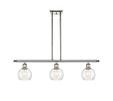 516-3I-PN-G124-6 3-Light 36" Polished Nickel Island Light - Seedy Athens Glass - LED Bulb - Dimmensions: 36 x 6 x 9.375<br>Minimum Height : 18.375<br>Maximum Height : 42.375 - Sloped Ceiling Compatible: Yes