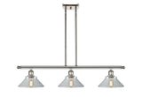 516-3I-PN-G132 3-Light 36" Polished Nickel Island Light - Clear Orwell Glass - LED Bulb - Dimmensions: 36 x 9 x 9<br>Minimum Height : 17.375<br>Maximum Height : 41.375 - Sloped Ceiling Compatible: Yes