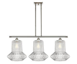516-3I-PN-G212 3-Light 36" Polished Nickel Island Light - Clear Spiral Fluted Springwater Glass - LED Bulb - Dimmensions: 36 x 12 x 16<br>Minimum Height : 25.375<br>Maximum Height : 49.375 - Sloped Ceiling Compatible: Yes