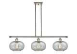 516-3I-PN-G247 3-Light 36" Polished Nickel Island Light - Charcoal Gorham Glass - LED Bulb - Dimmensions: 36 x 9.5 x 10<br>Minimum Height : 20.375<br>Maximum Height : 44.375 - Sloped Ceiling Compatible: Yes