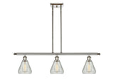 516-3I-PN-G275 3-Light 36" Polished Nickel Island Light - Clear Crackle Conesus Glass - LED Bulb - Dimmensions: 36 x 6 x 11<br>Minimum Height : 20.375<br>Maximum Height : 44.375 - Sloped Ceiling Compatible: Yes
