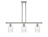 516-3I-PN-G342 3-Light 36" Polished Nickel Island Light - Clear Hadley Glass - LED Bulb - Dimmensions: 36 x 5 x 10<br>Minimum Height : 19.375<br>Maximum Height : 43.375 - Sloped Ceiling Compatible: Yes