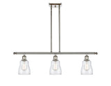 516-3I-PN-G392 3-Light 36" Polished Nickel Island Light - Clear Ellery Glass - LED Bulb - Dimmensions: 36 x 5 x 10<br>Minimum Height : 19.375<br>Maximum Height : 43.375 - Sloped Ceiling Compatible: Yes