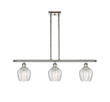 516-3I-PN-G462-6 3-Light 36" Polished Nickel Island Light - Clear Norfolk Glass - LED Bulb - Dimmensions: 36 x 5.75 x 10<br>Minimum Height : 20.375<br>Maximum Height : 44.375 - Sloped Ceiling Compatible: Yes