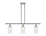 516-3I-PN-G802 3-Light 36" Polished Nickel Island Light - Clear Clymer Glass - LED Bulb - Dimmensions: 36 x 3.875 x 12<br>Minimum Height : 21.375<br>Maximum Height : 45.375 - Sloped Ceiling Compatible: Yes