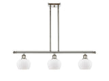 516-3I-PN-G91 3-Light 36" Polished Nickel Island Light - Matte White Fenton Glass - LED Bulb - Dimmensions: 36 x 6.5 x 9<br>Minimum Height : 17.875<br>Maximum Height : 41.875 - Sloped Ceiling Compatible: Yes