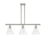 516-3I-PN-GBC-82 3-Light 36" Polished Nickel Island Light - Clear Ballston Cone Glass - LED Bulb - Dimmensions: 36 x 8 x 11.25<br>Minimum Height : 20.25<br>Maximum Height : 44.25 - Sloped Ceiling Compatible: Yes
