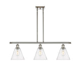 516-3I-PN-GBC-84 3-Light 36" Polished Nickel Island Light - Seedy Ballston Cone Glass - LED Bulb - Dimmensions: 36 x 8 x 11.25<br>Minimum Height : 20.25<br>Maximum Height : 44.25 - Sloped Ceiling Compatible: Yes