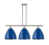 516-3I-PN-MBD-12-BL 3-Light 38.5" Polished Nickel Island Light - Blue Plymouth Dome Shade - LED Bulb - Dimmensions: 38.5 x 10.125 x 14.25<br>Minimum Height : 23.25<br>Maximum Height : 47.25 - Sloped Ceiling Compatible: Yes