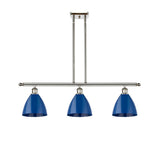 516-3I-PN-MBD-75-BL 3-Light 36" Polished Nickel Island Light - Blue Plymouth Dome Shade - LED Bulb - Dimmensions: 36 x 7.5 x 10.75<br>Minimum Height : 19.75<br>Maximum Height : 43.75 - Sloped Ceiling Compatible: Yes