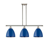 516-3I-PN-MBD-9-BL 3-Light 36" Polished Nickel Island Light - Blue Plymouth Dome Shade - LED Bulb - Dimmensions: 36 x 9 x 12.375<br>Minimum Height : 21.375<br>Maximum Height : 45.375 - Sloped Ceiling Compatible: Yes