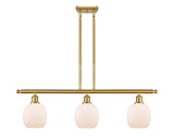 516-3I-SG-G101 3-Light 36" Satin Gold Island Light - Matte White Belfast Glass - LED Bulb - Dimmensions: 36 x 6 x 10<br>Minimum Height : 19.375<br>Maximum Height : 43.375 - Sloped Ceiling Compatible: Yes