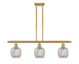 516-3I-SG-G105 3-Light 36" Satin Gold Island Light - Clear Crackle Belfast Glass - LED Bulb - Dimmensions: 36 x 6 x 10<br>Minimum Height : 19.375<br>Maximum Height : 43.375 - Sloped Ceiling Compatible: Yes