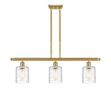 516-3I-SG-G1113 3-Light 36" Satin Gold Island Light - Deco Swirl Cobbleskill Glass - LED Bulb - Dimmensions: 36 x 5 x 10<br>Minimum Height : 19.375<br>Maximum Height : 43.375 - Sloped Ceiling Compatible: Yes