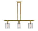 516-3I-SG-G112 3-Light 36" Satin Gold Island Light - Clear Cobbleskill Glass - LED Bulb - Dimmensions: 36 x 5 x 10<br>Minimum Height : 19.375<br>Maximum Height : 43.375 - Sloped Ceiling Compatible: Yes